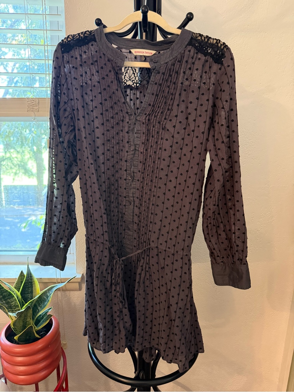 Rebecca Taylor Dusty Purple and Black Swiss Dot Pintuck Tunic, Size 10